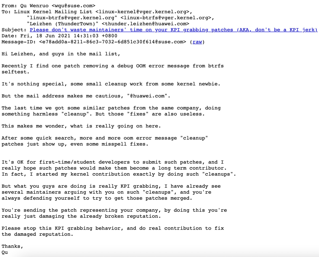华为程序员频繁提交不重要Linux内核补丁遭质疑刷KPI 当事人回应