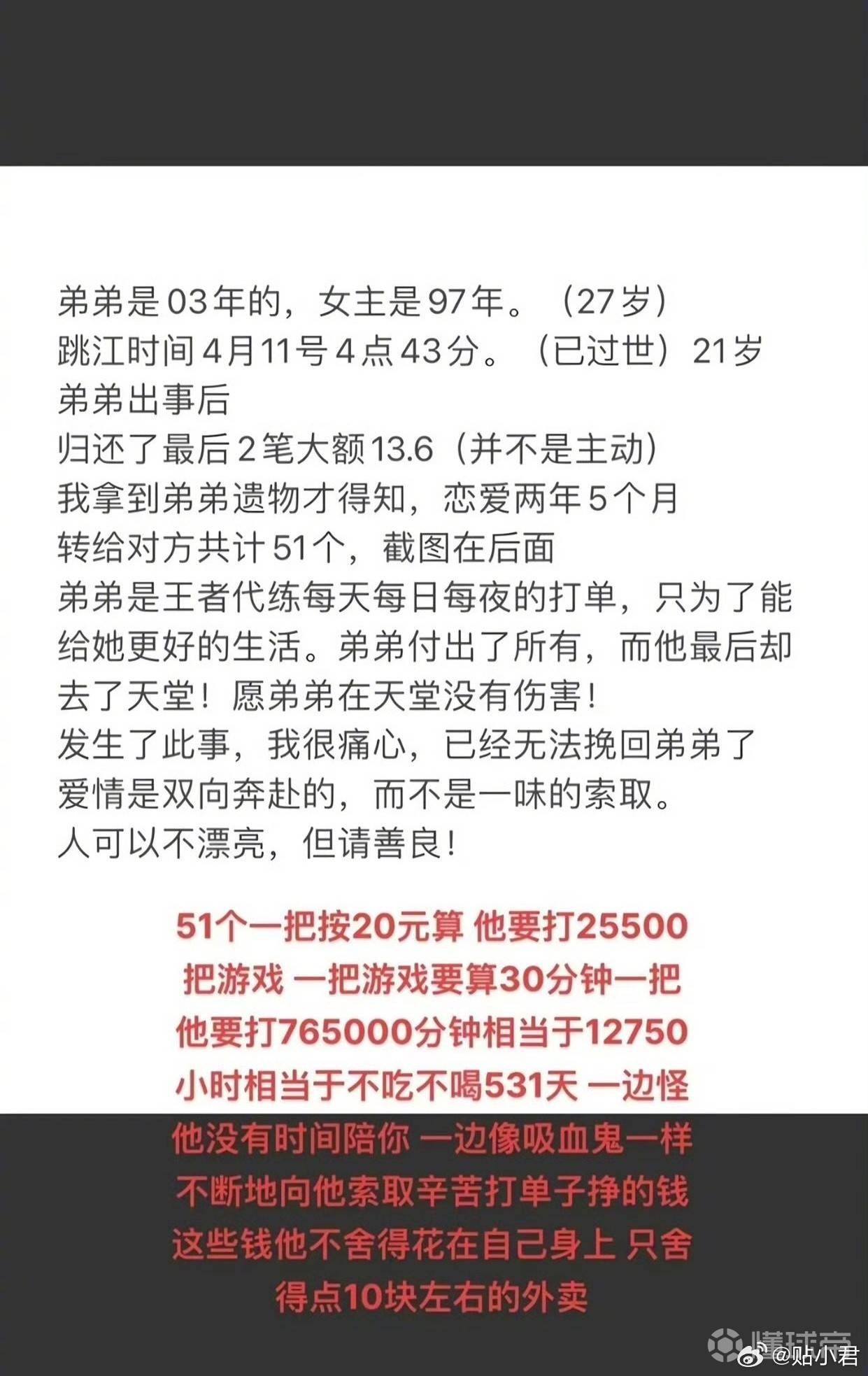 为网恋女友花费51万后被分手 21岁王者代练“胖猫”跳江自杀